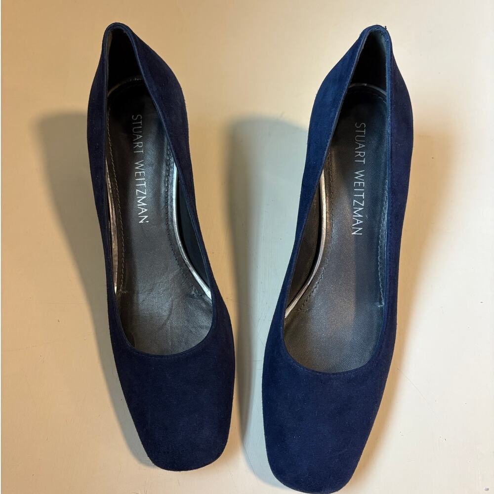 New Stuart Weitzman Marymid Navy Suede Block Heels Pumps 7.5